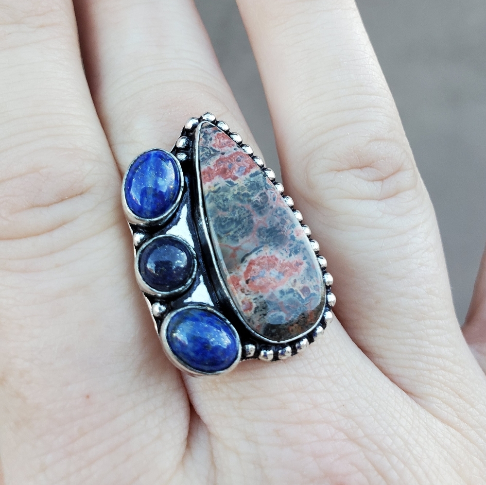 New Leopard Skin Jasper & Lapis Lazuli 925 Silver Ring. - Picture 4 of 14
